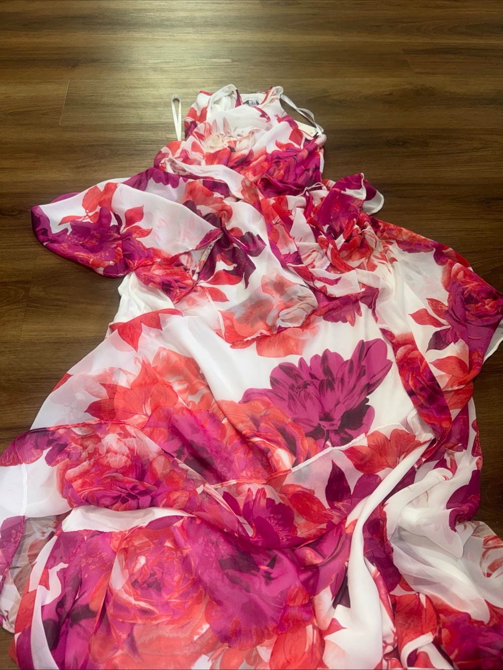 Tahari Pink & Coral Floral Halter Tiered Maxi Dress Size 12 - Picture 3 of 6